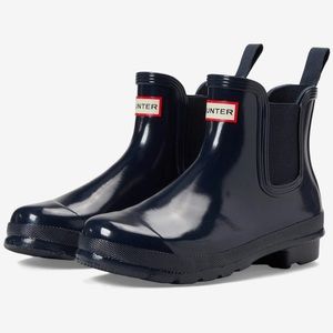 $150 HUNTER x Zappos Navy Chelsea Gloss Mid Rain Waterproof boots women SIZE 7